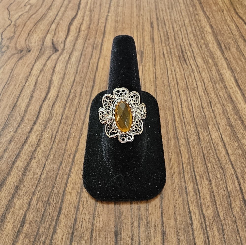 Ottoman Yellow Chalcedony and Sterling Silver Filigree Ring  Size 12